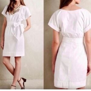 Anthropologie HD In Paris White Tie Waist Shift Dress W/ Pockets Size 6